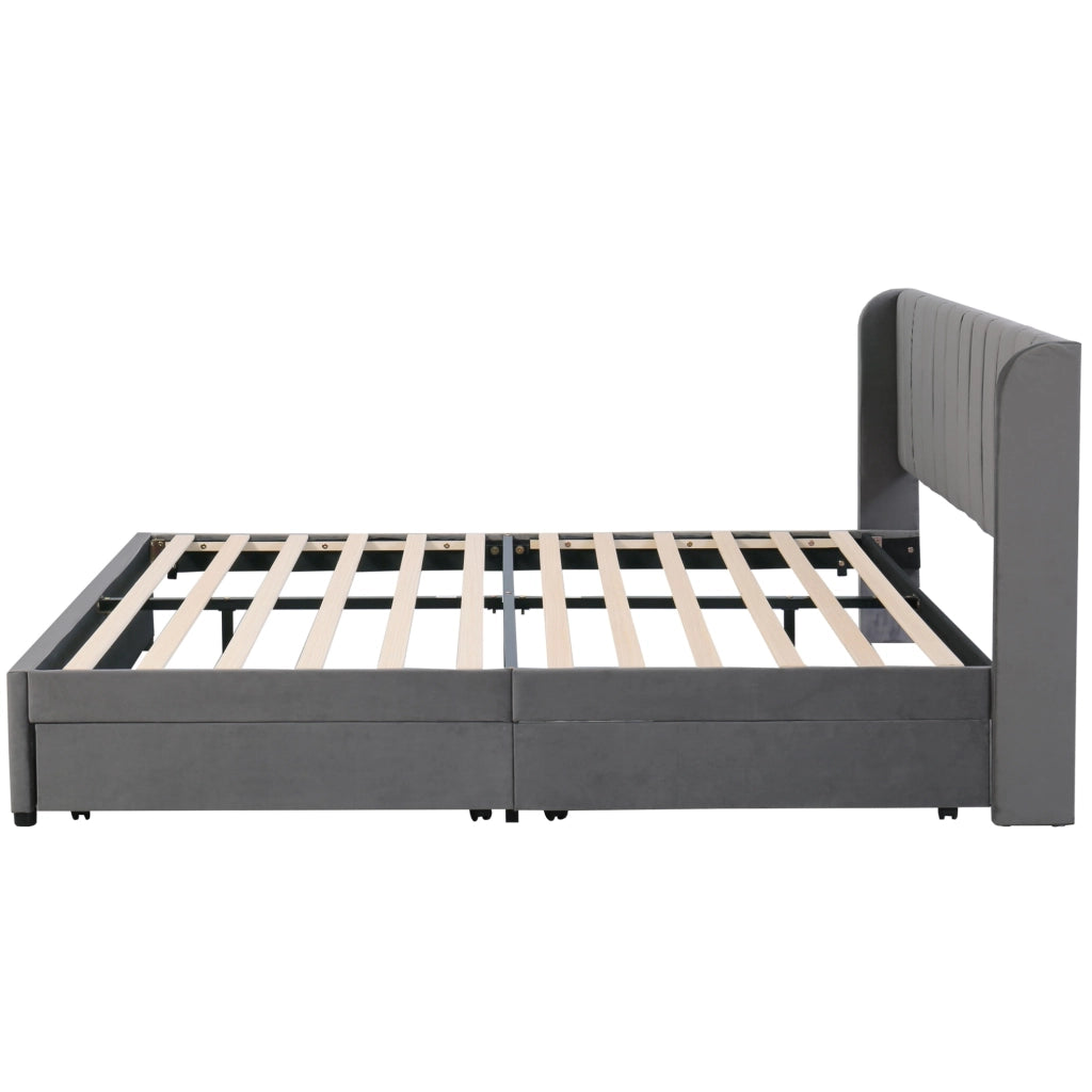 Letto imbottito 180 x 200 cm in velluto grigio con rete a doghe e 2 cassetti