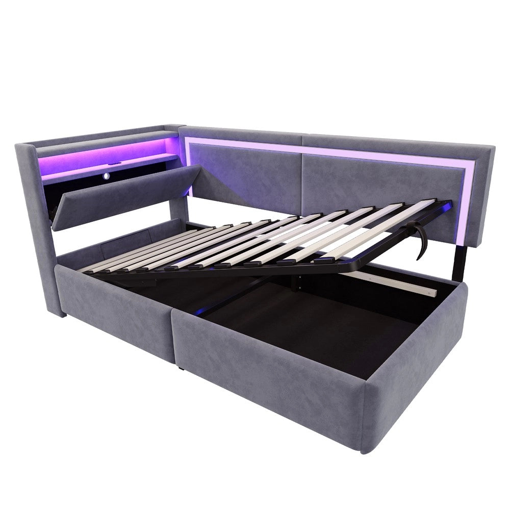 Letto Imbottito Contenitore con LED ¨C MINIMAL ¨C Velluto Grigio Scuro 90x200