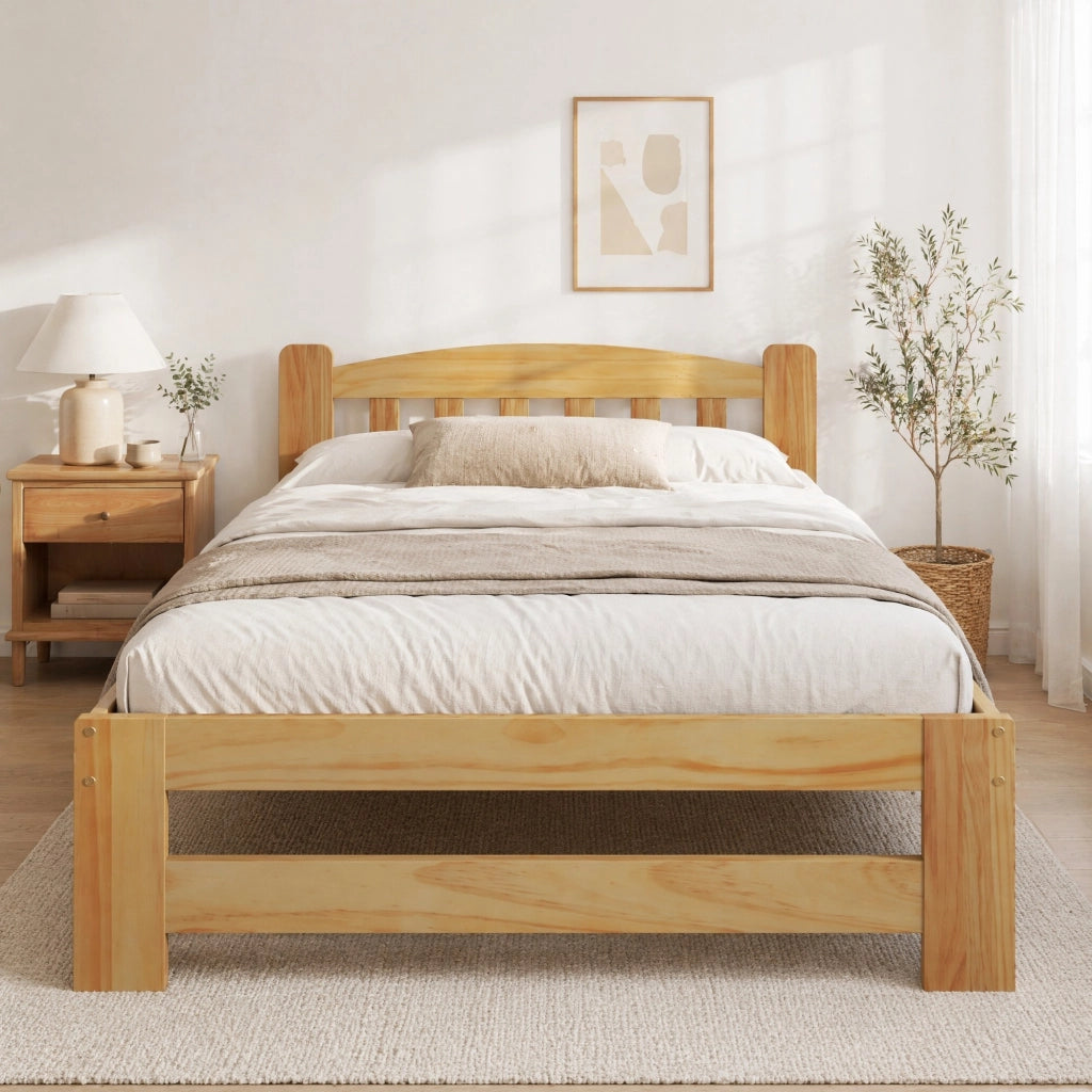 Letto singolo futon 90 ¡Á 200 cm con testiera e rete a doghe in legno color naturale con piede centrale