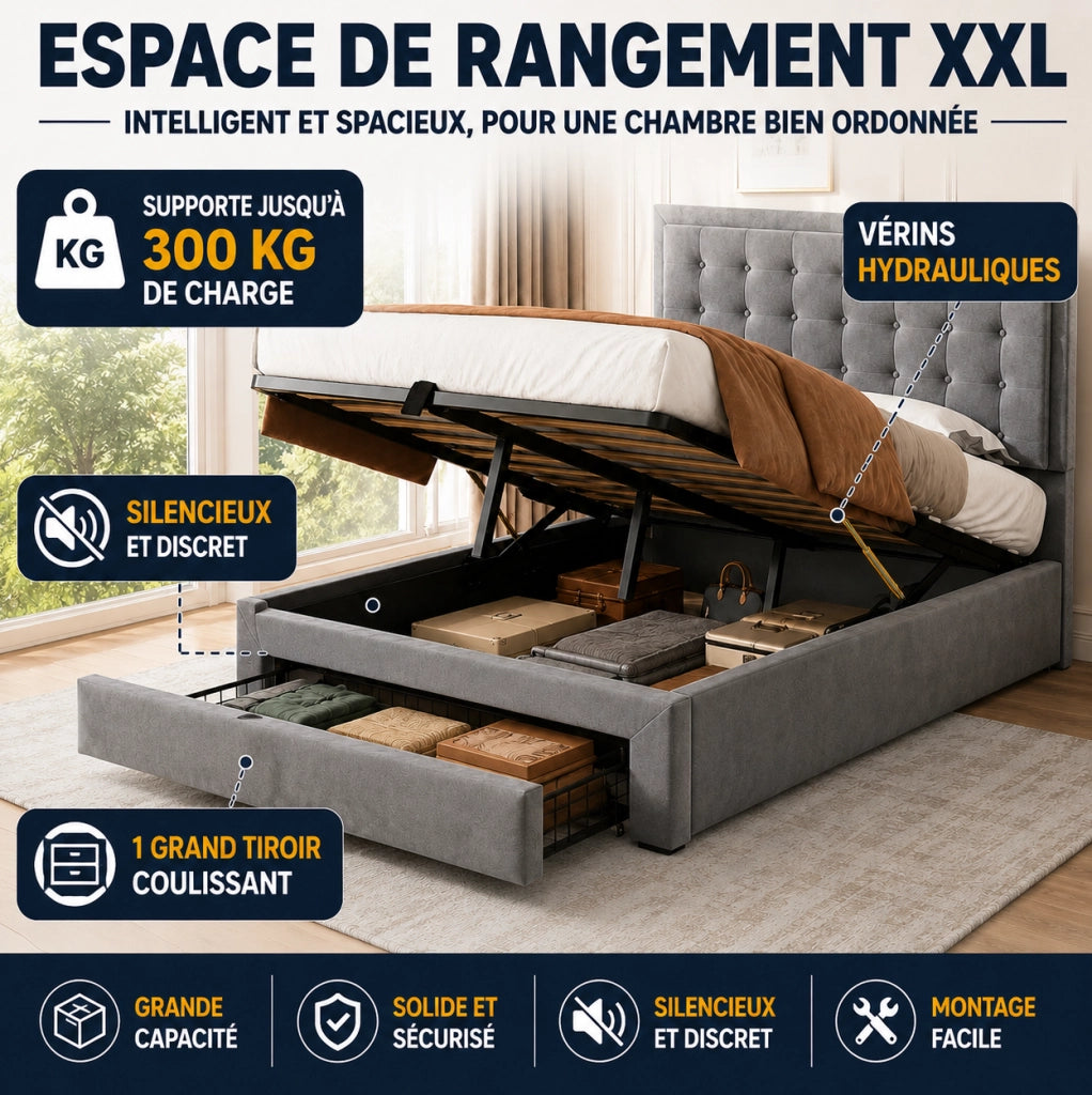 Letto con contenitore e cassetti in velluto beige; testiera regolabile; 180 × 200 cm
