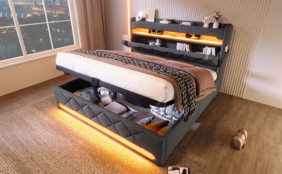 Letto 140 x 200 cm con cassetti e contenitore idraulico, testiera USB e LED, lino grigio