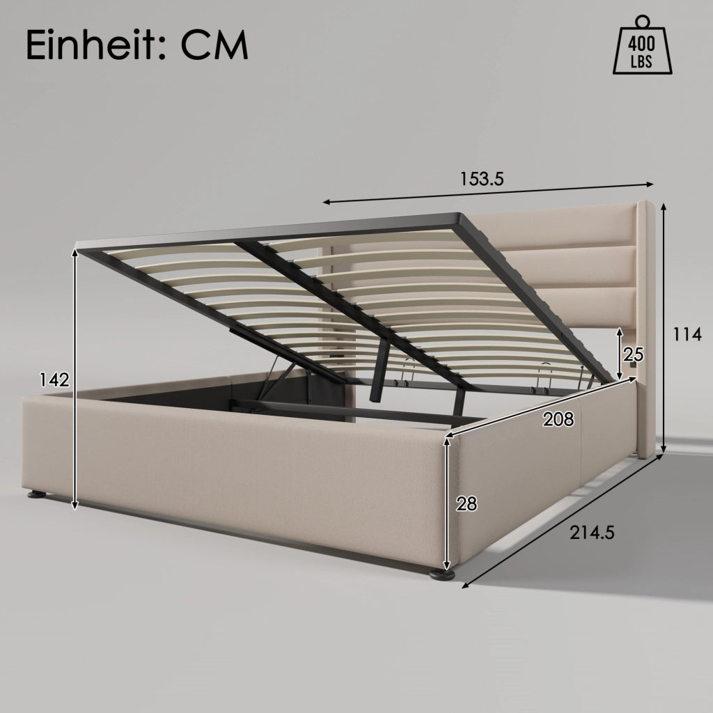 Letto imbottito con contenitore e rete sollevabile 140x200 cm; in lino beige