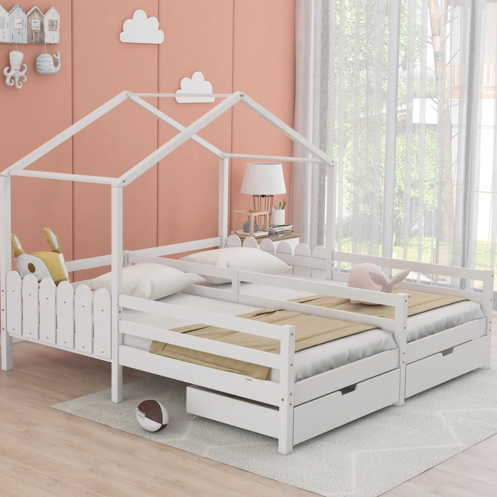 Letto a casetta doppio 200x90 cm bianco con 2 cassetti MDF