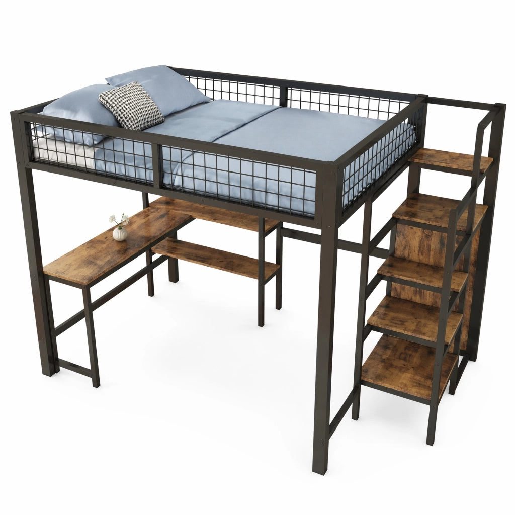 Letto a soppalco 140x200 cm in metallo e MDF con scrivania, armadio e scaffali nero/marrone