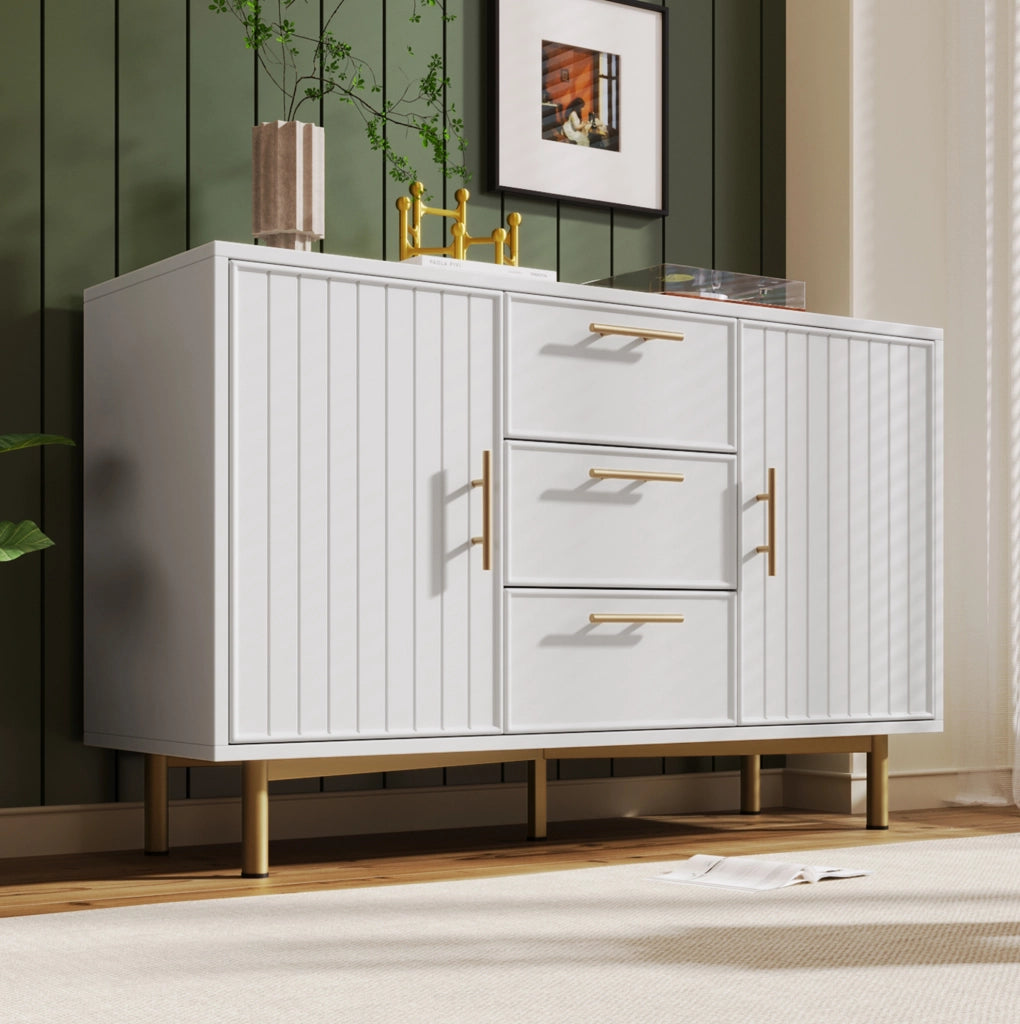 Comò bianco con 2 ante e 3 cassetti, ripiano regolabile, 75x120x40 cm, base in metallo