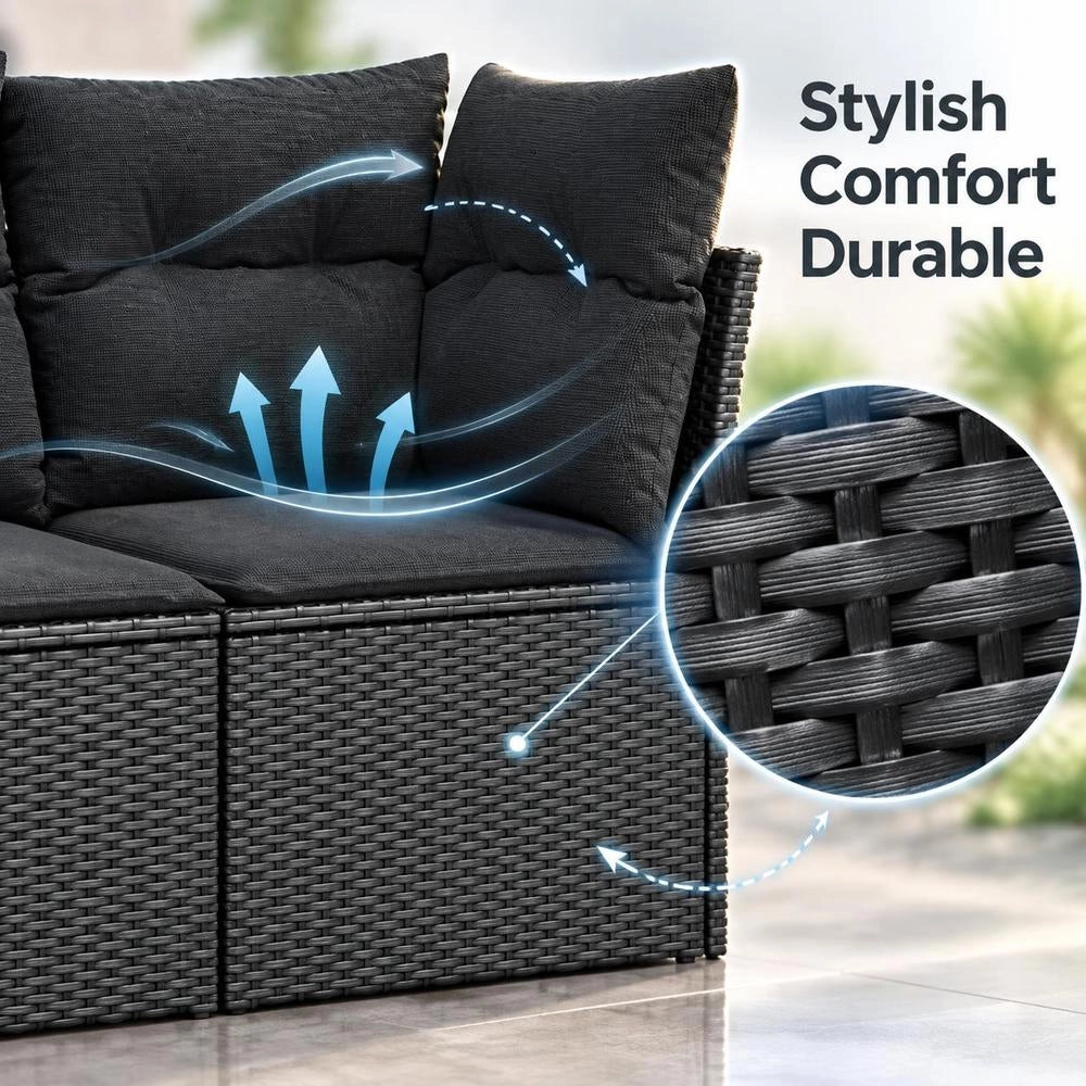 Garden Sofa Corner Unit With Cushions, Black Poly Rattan
