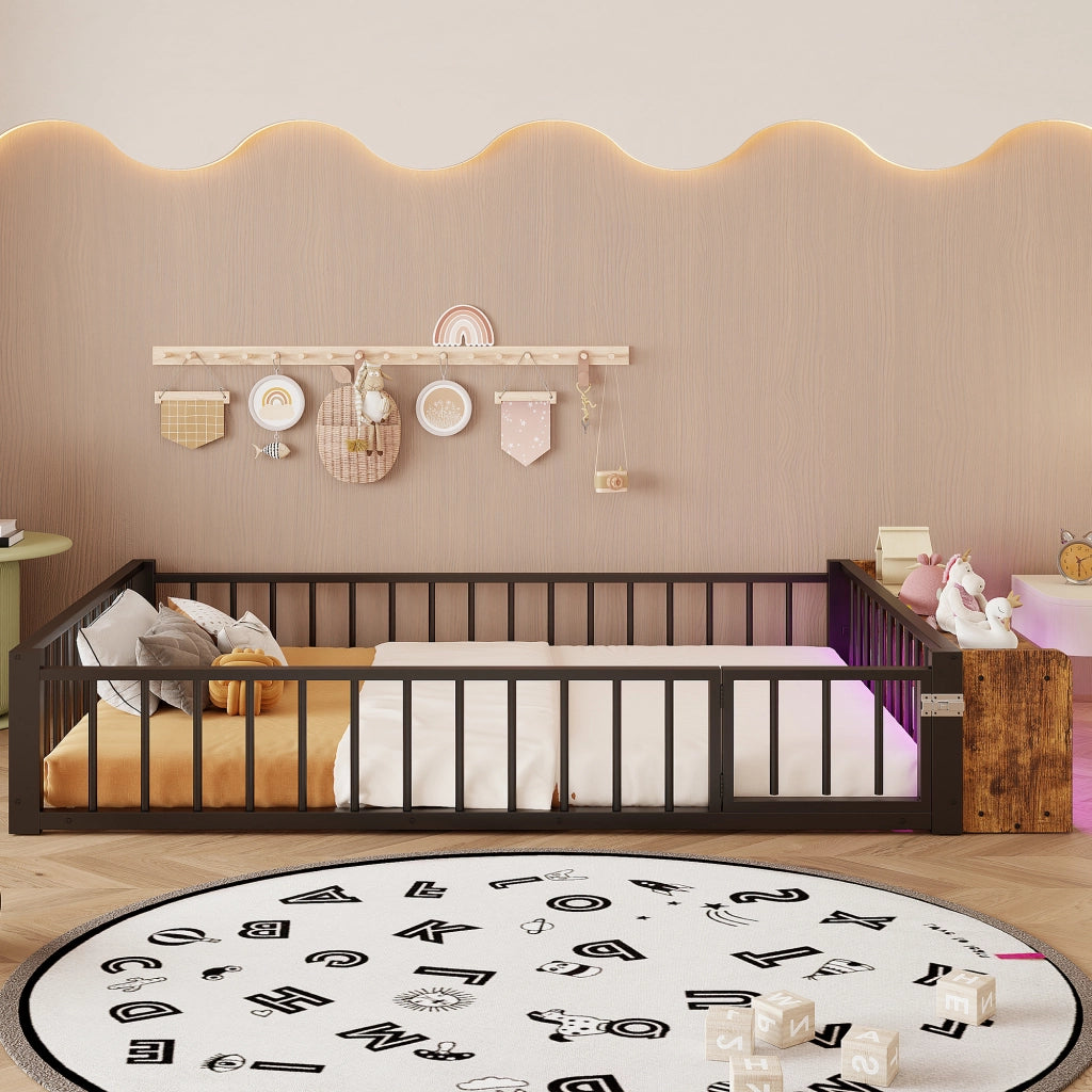 Letto in metallo con cassetti LED 140x200 MDF nero e metallo