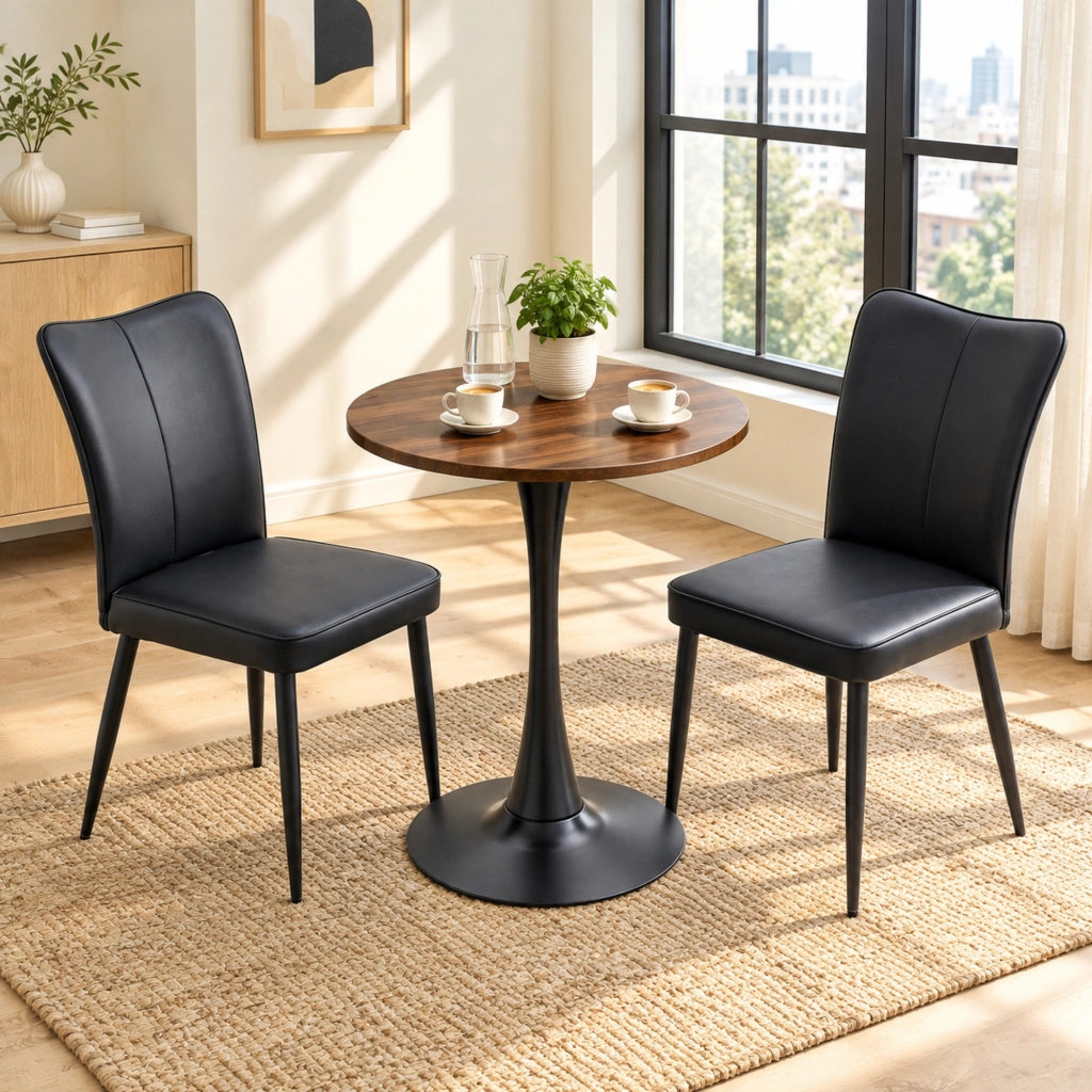 Set tavolo rotondo Ø 60 cm con 2 sedie da pranzo in PU nero; MDF effetto noce HOMVRA