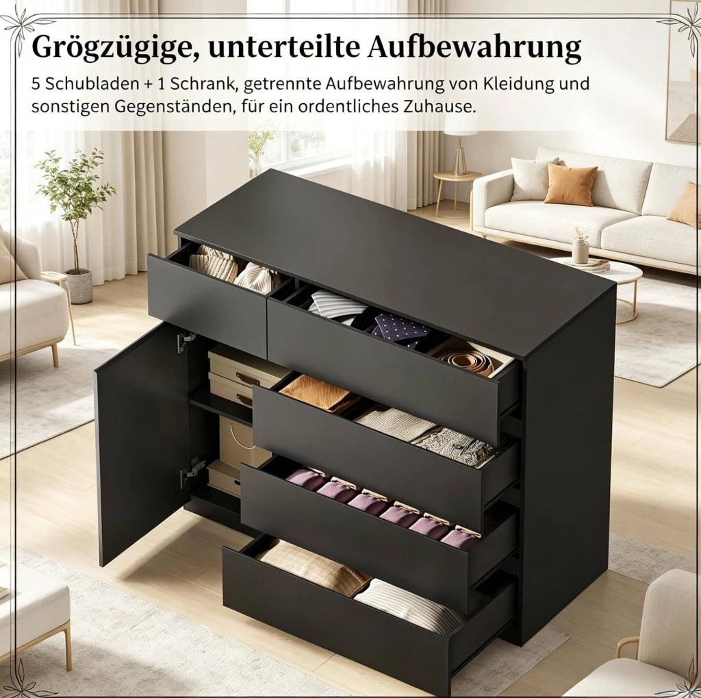 Mobile contenitore ULEVR 100x40x80 cm con 5 cassetti, anta e ripiano regolabile, nero