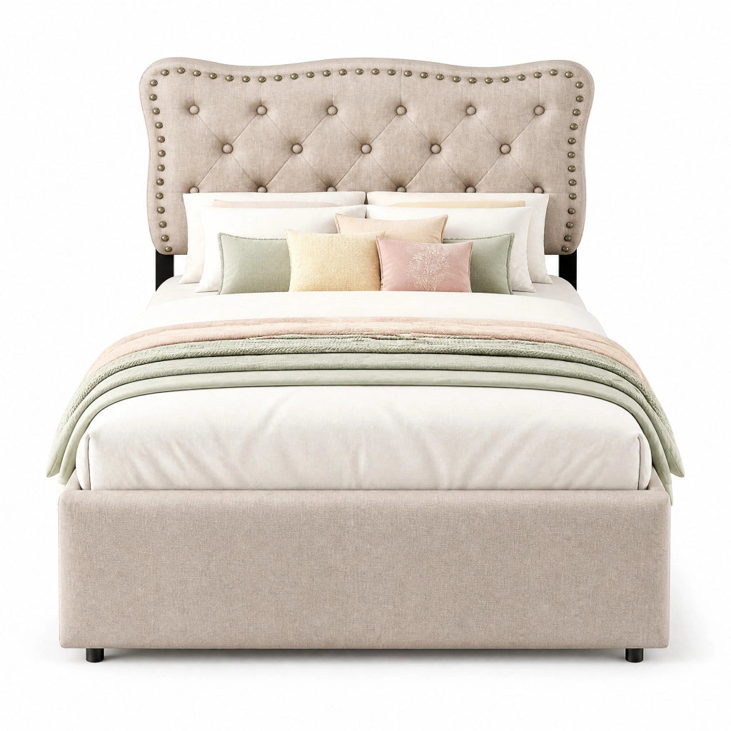 Letto imbottito 90x200 cm beige scuro con comodini regolabili e doppio cassetto contenitore