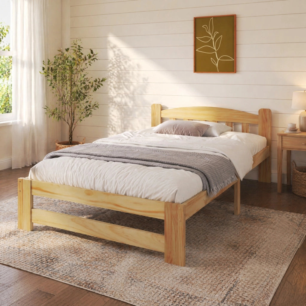 Letto singolo in legno massello di pino 90 x 200 cm naturale con testiera e 15 doghe