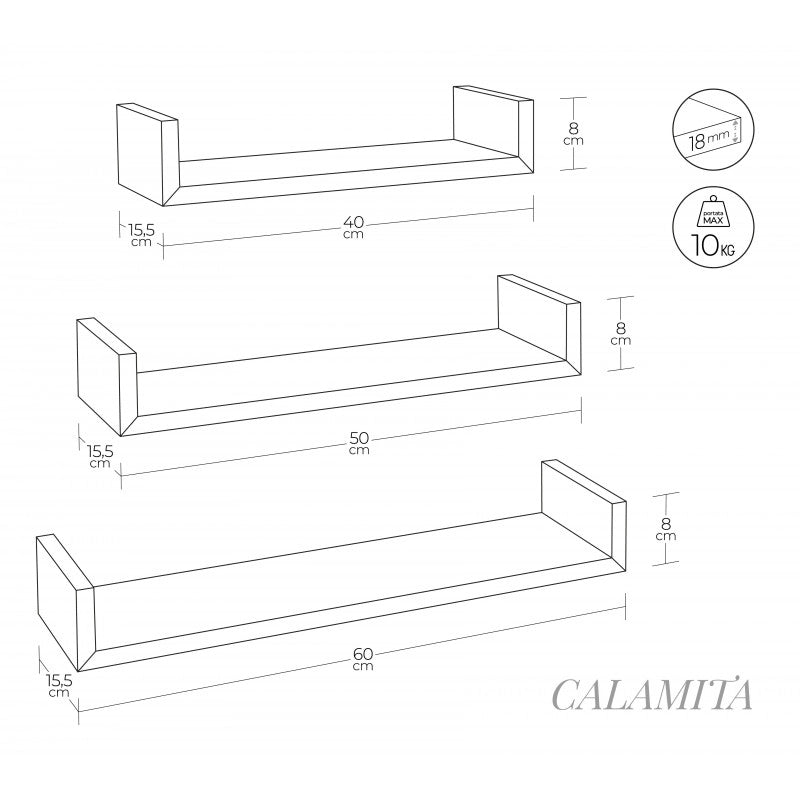 Set di 3 Mensole da Muro, Mensole Muro Design, Mensola da Parete, Noce Segato, 60x8 p15,5 cm, 50x8 p15,5 cm e 40x8 p15,5 cm - Calamita