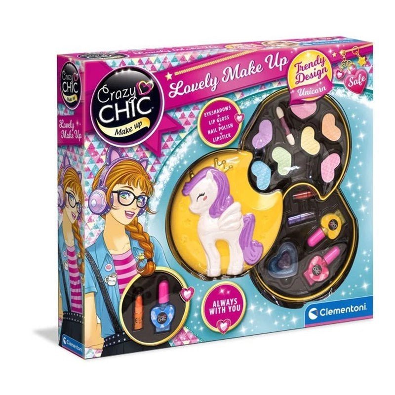 Crazy Chic - Lovely Make Up Unicorno, Cofanetto Trucchi  Trousse Portatile con Set Cosmetici Sicuri, Clementoni,Eta 6+