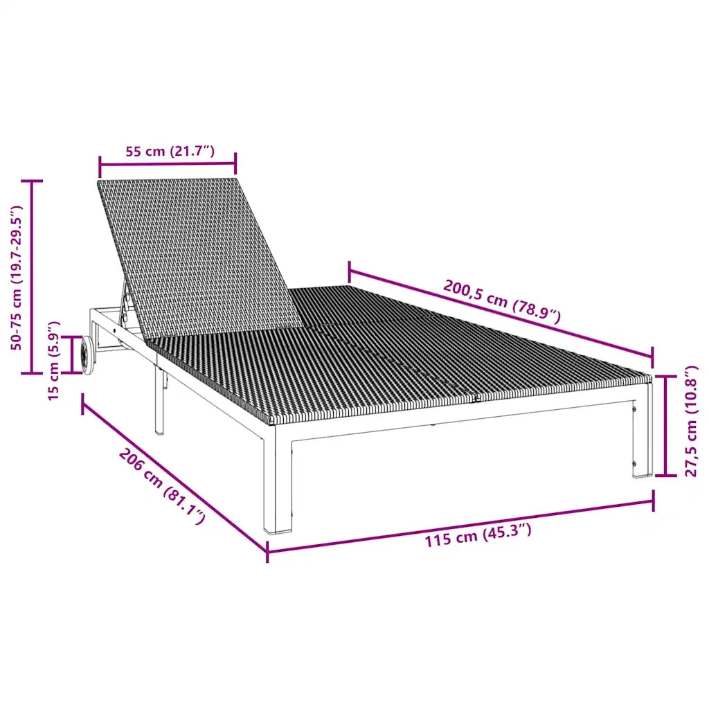Lettino da Sole Nero 206 x 115 x 75 cm polyrattan 42004133