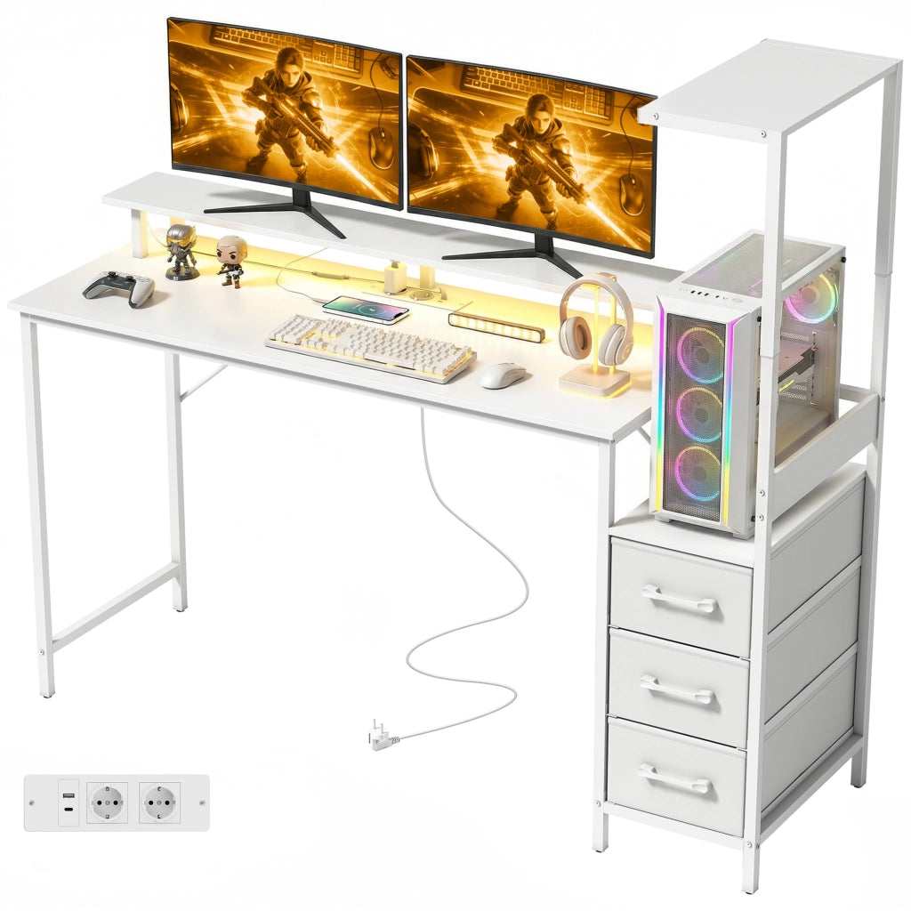 Scrivania Gaming 147 cm, Tavolo per Computer con Supporto CPU Regolabile e Reversibile, Luci RGB, Prese di Alimentazione, Porte USB e USB-C, Supporto Monitor e 3 Cassetti in Tessuto, Bianco