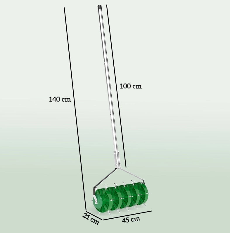 Aeratore per prato ULEVR manuale 45 cm con 30 punte in acciaio, rullo ?15 cm e manico da 100 cm, verde