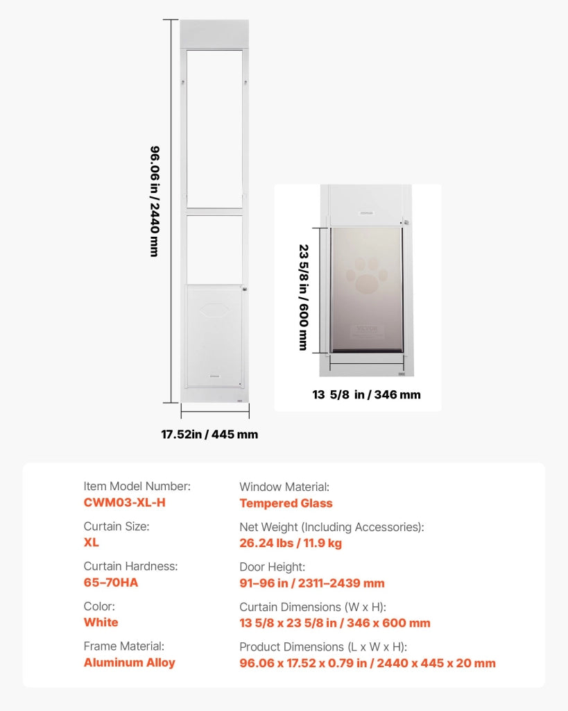 Porta Scorrevole per Cani XL CWM03-XL-H, Telaio in Alluminio e Vetro Temperato, Altezza Regolabile 2311-2439 mm con Serratura, Bianco