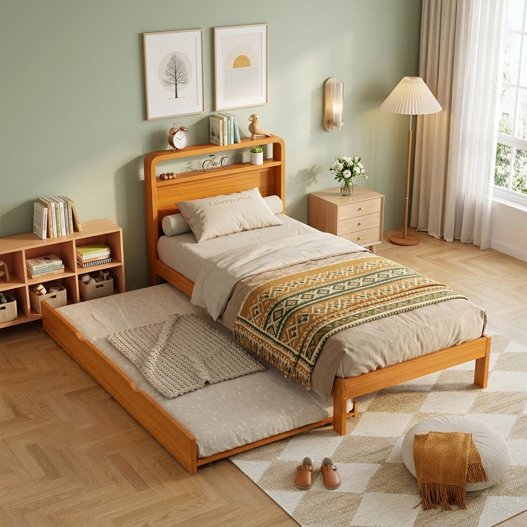 Letto estraibile 90×200 cm con posto aggiuntivo 90×190 cm; montaggio reversibile; senza materasso; naturale