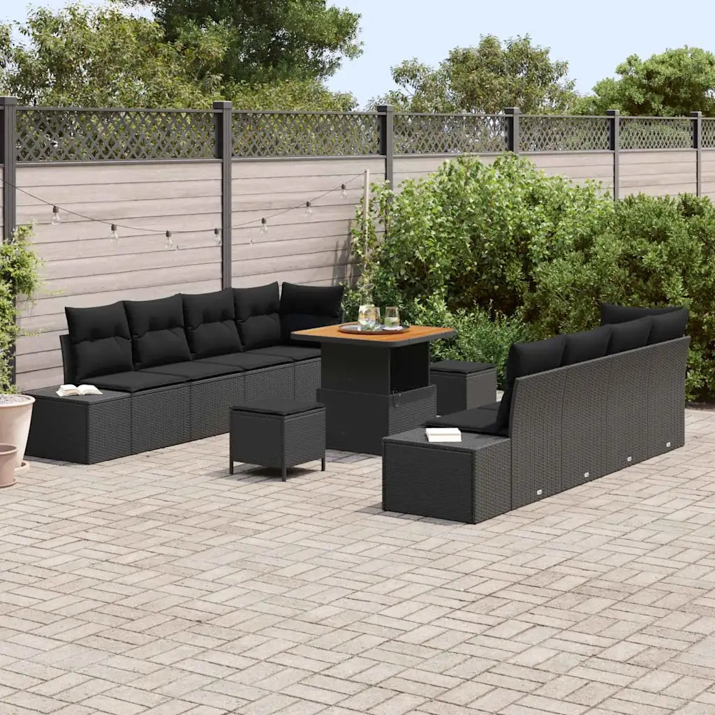 Set Divano da Giardino con cuscino 11 pcs Nero Poly Rattan