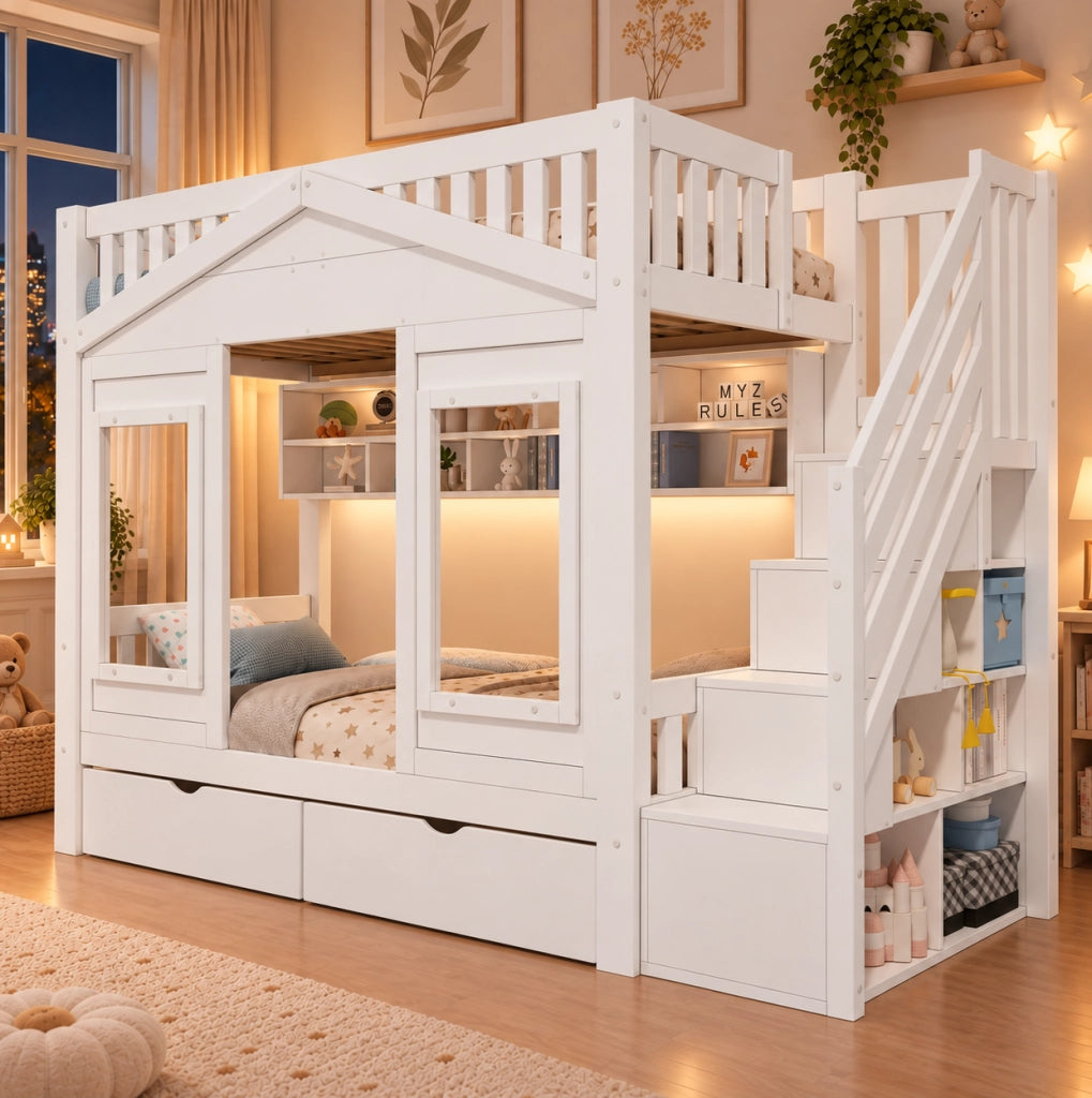 Letto a soppalco per bambini 90x200 cm con scala contenitore e cassetto in pino e MDF; bianco