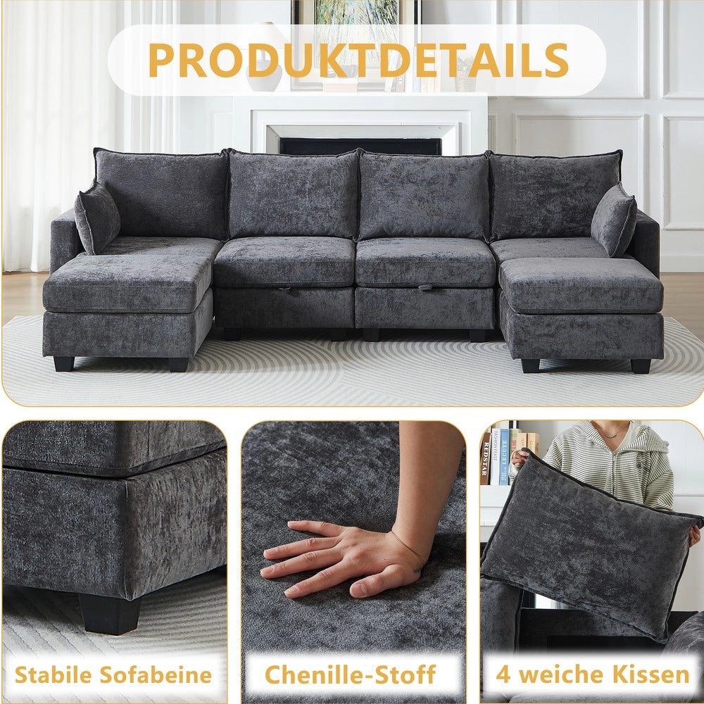 Divano angolare 6 posti con chaise longue e contenitore ¨C Minimal ¨C tessuto chenille grigio