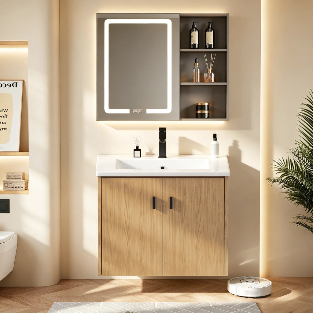 Set mobile bagno sospeso con lavabo e specchio LED ovale