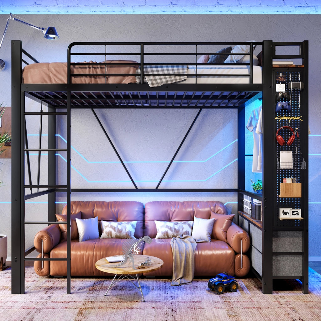 Letto a soppalco 90 ¡Á 200 cm con scrivania; 4 cassetti; ripiani; LED; USB e Type-C in metallo e MDF bianco
