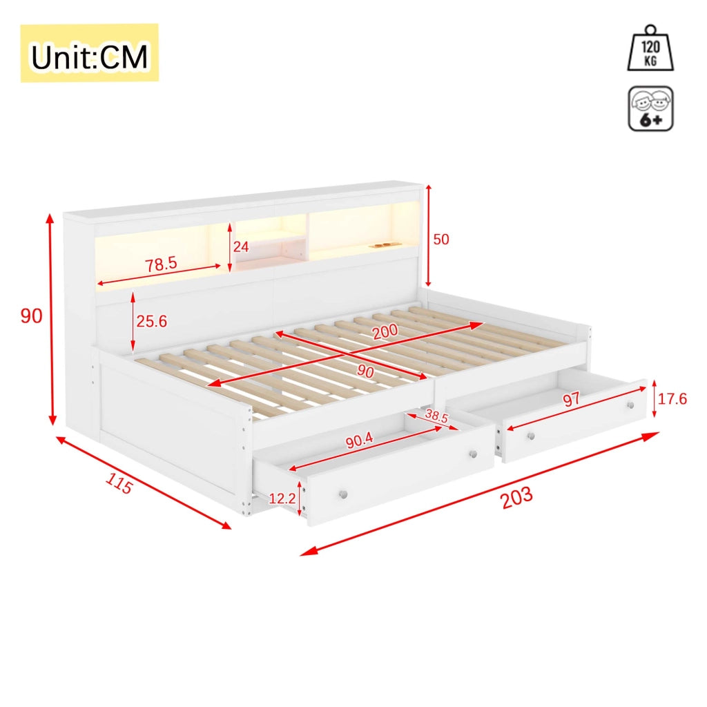 Daybed con 2 USB, LED, 2 cassetti e doghe, 90x200 cm, bianco