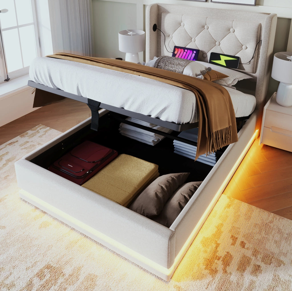 Letto contenitore 90 × 200 cm beige in cotone con LED; USB e Type-C