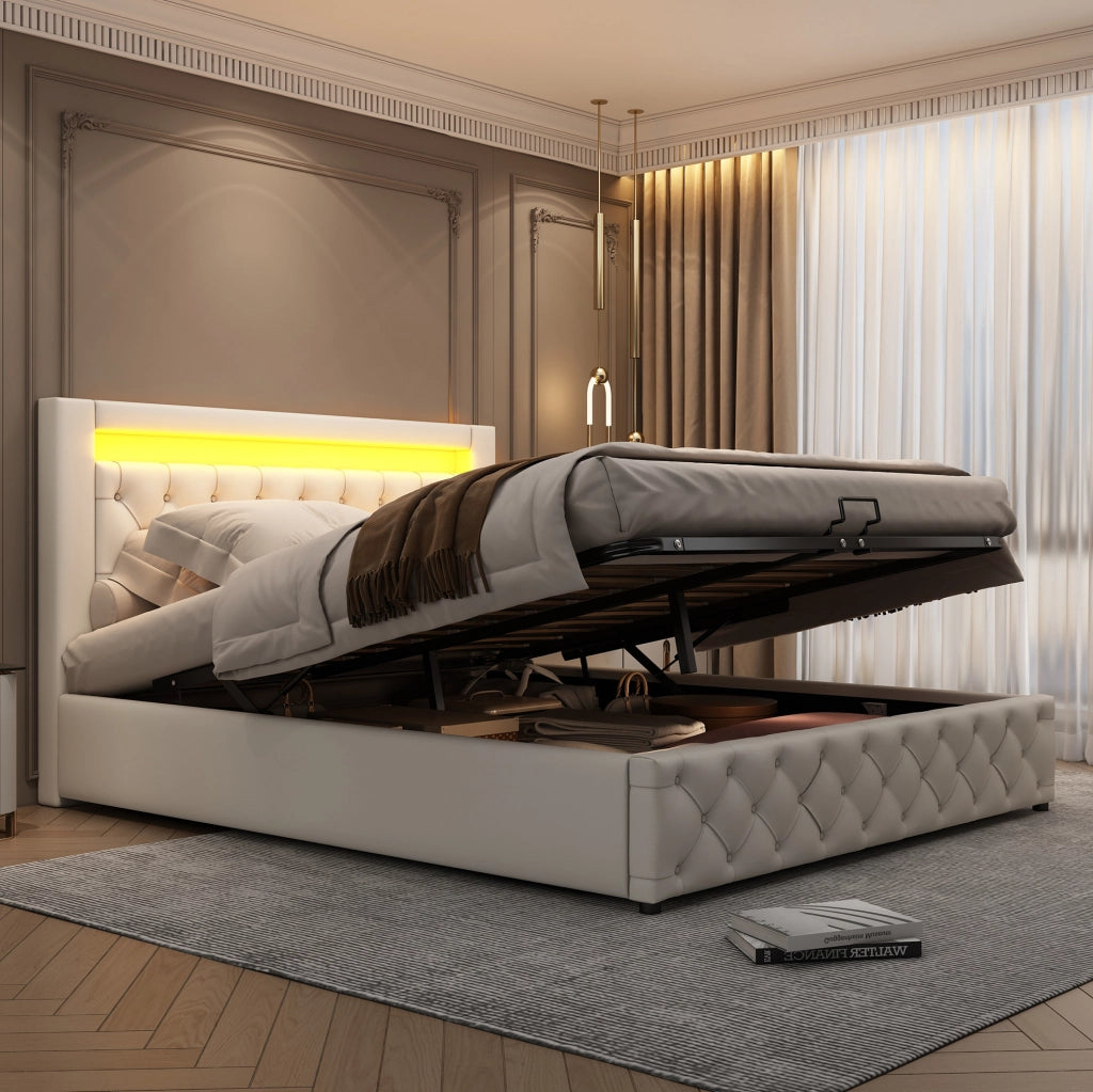 Letto imbottito 140x200 cm con LED; contenitore; rete a doghe; similpelle bianca