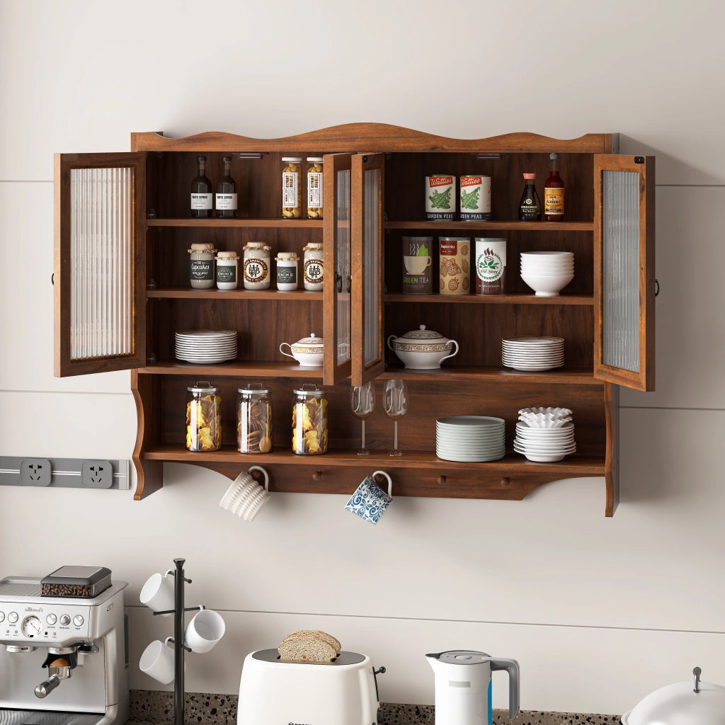 OKWISH Pensile con 4 Ante, Ripiani Rimovibili e Ganci, per Cucina e Bagno, in Legno Massello e Vetro, 100 x 20 x 80 cm, Marrone