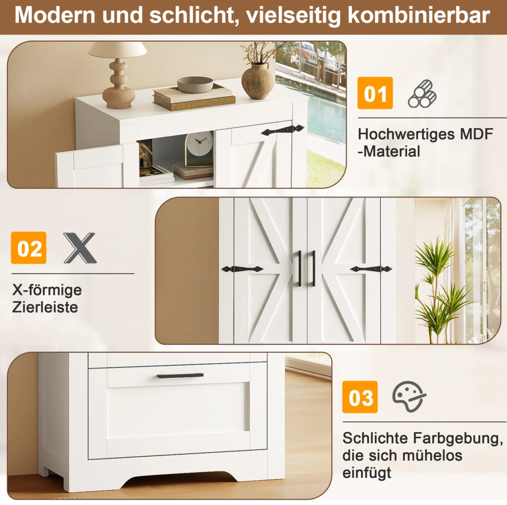 Credenza alta stile fienile con 2 cassetti, bianca