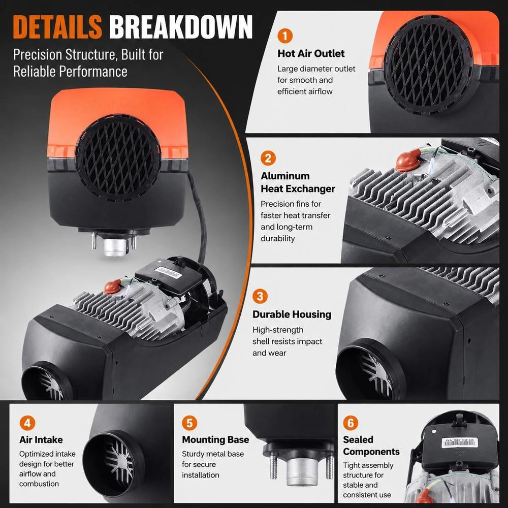 Air Diesel Heater, Parking Heater, 12V 8kW, Air Heater, Diesel Parking Heater, Air Heater, 0.16–0.62 L/hr. Diesel Heater With LCD Display, Remote Control & Bluetooth App.