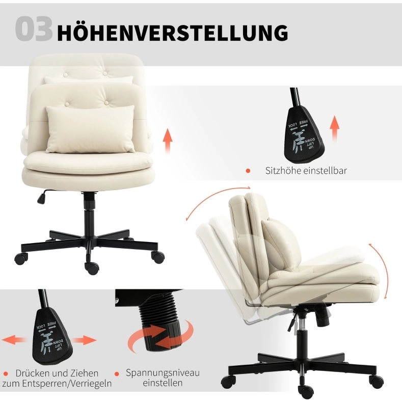 Sedia da ufficio armless con rivestimento in ecopelle beige, regolabile in altezza e con ruote