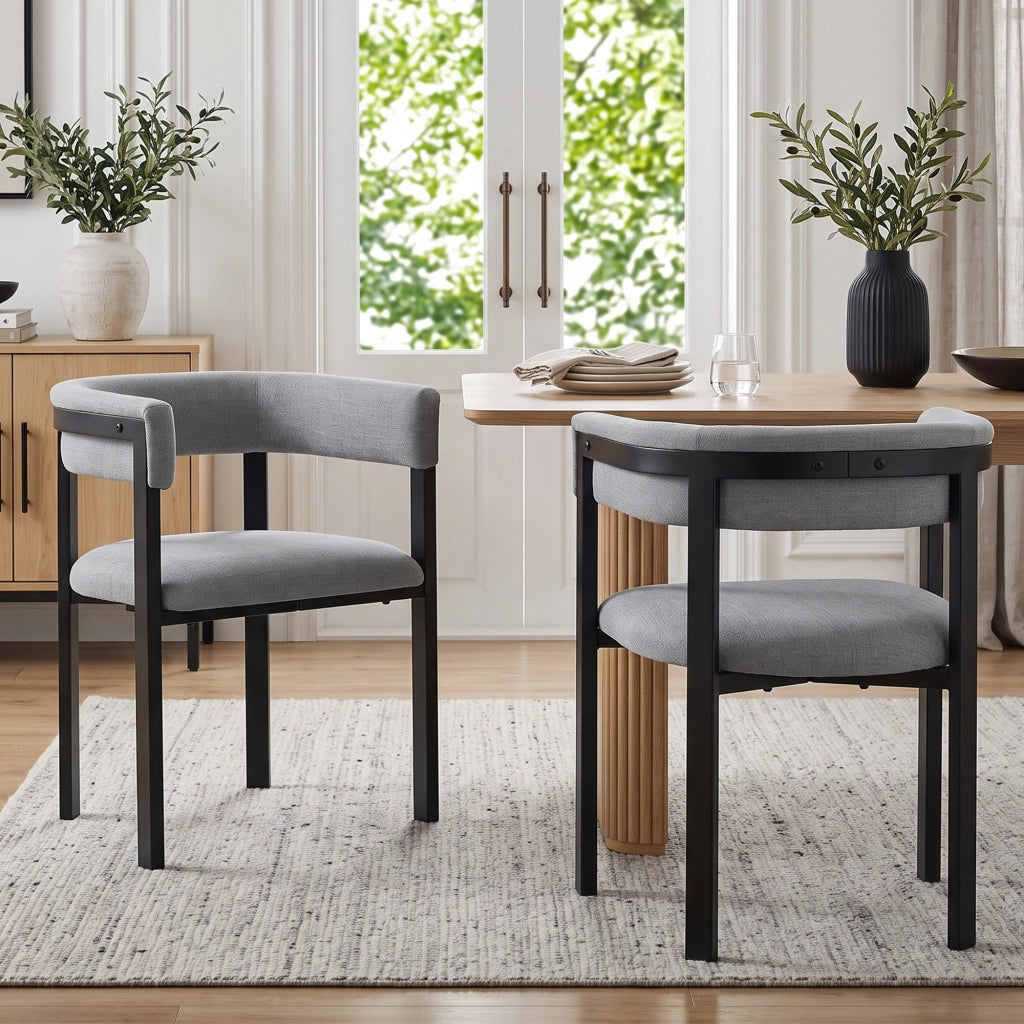 4 sedie da pranzo con schienale semicircolare avvolgente e seduta in chenille struttura in metallo grigio stile moderno