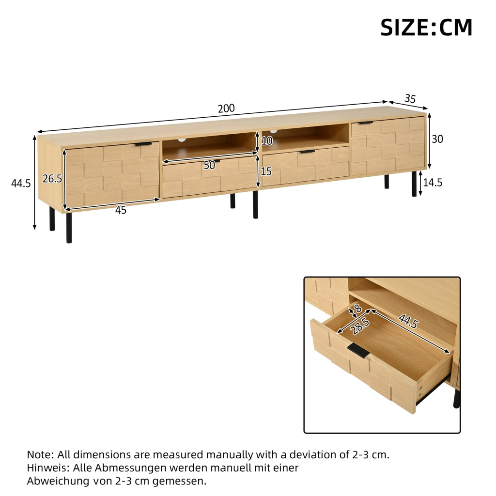 Mobile TV con 2 ante; 2 cassetti e 2 vani aperti per soggiorno in MDF e truciolare naturale 200×35×44.5 cm
