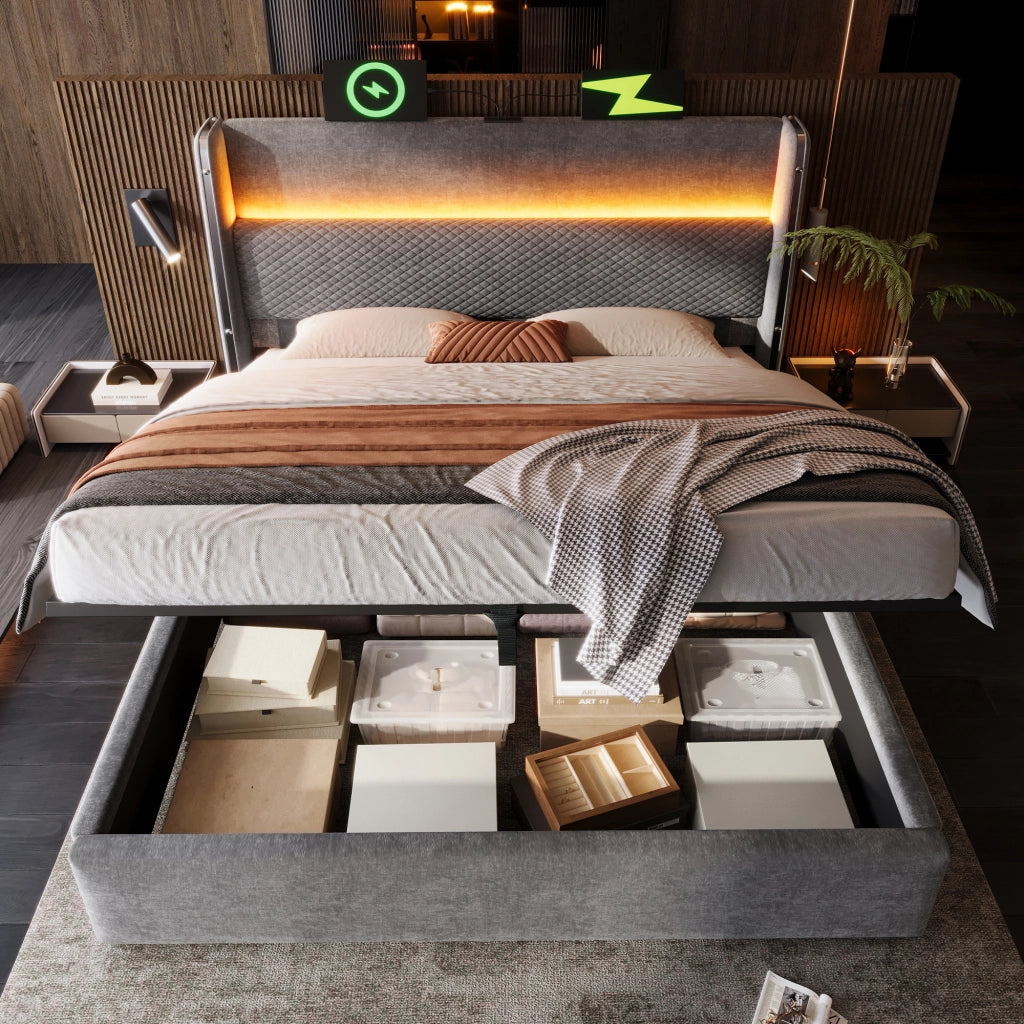 Letto contenitore 140x200 cm con testiera alta e illuminazione LED integrata