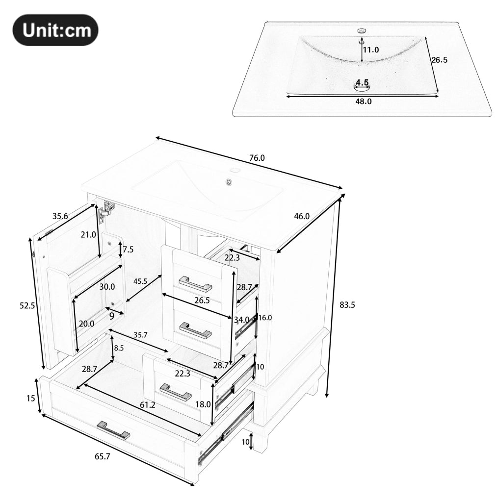 Mobile bagno freestanding con lavabo integrato, grigio, 76 x 46 x 83,5 cm