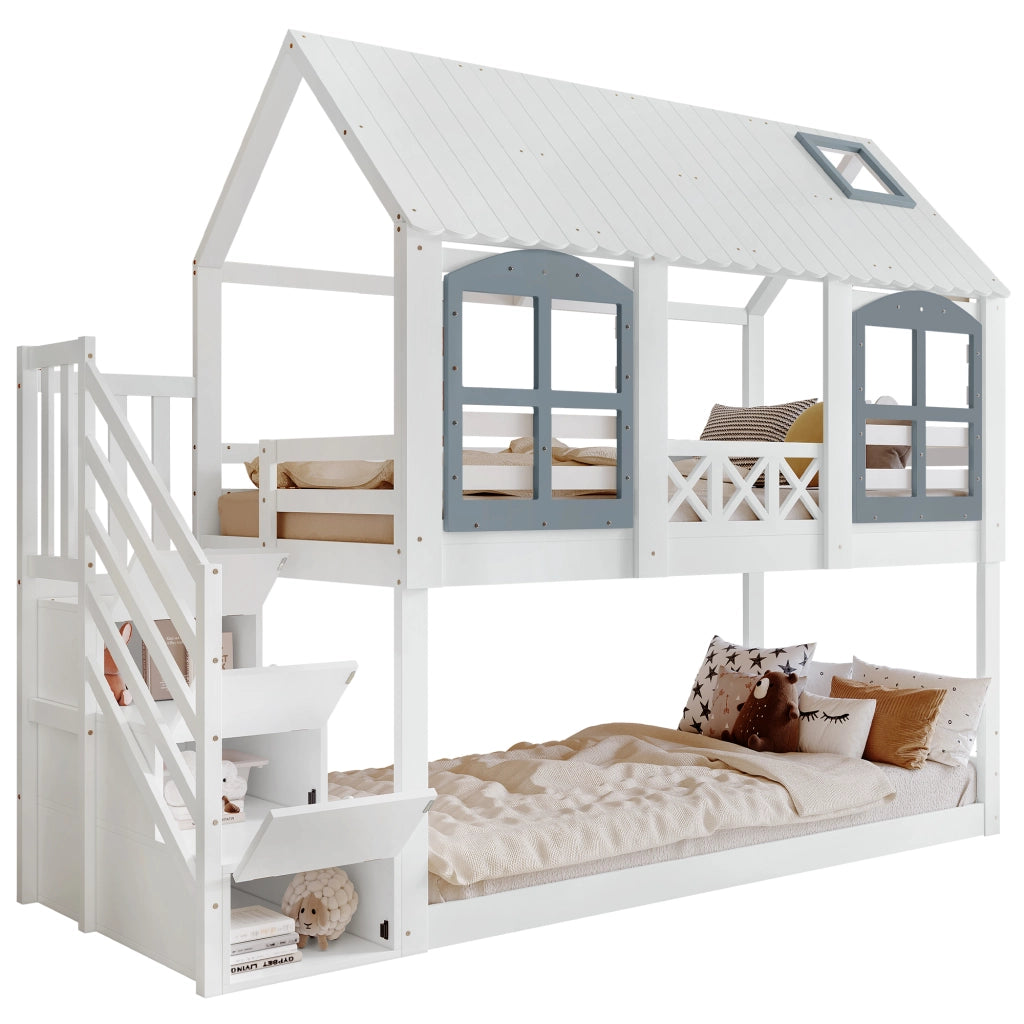 Letto a castello per bambini 90 × 200 cm 2 posti con scala e 3 armadietti; senza materasso; bianco e grigio