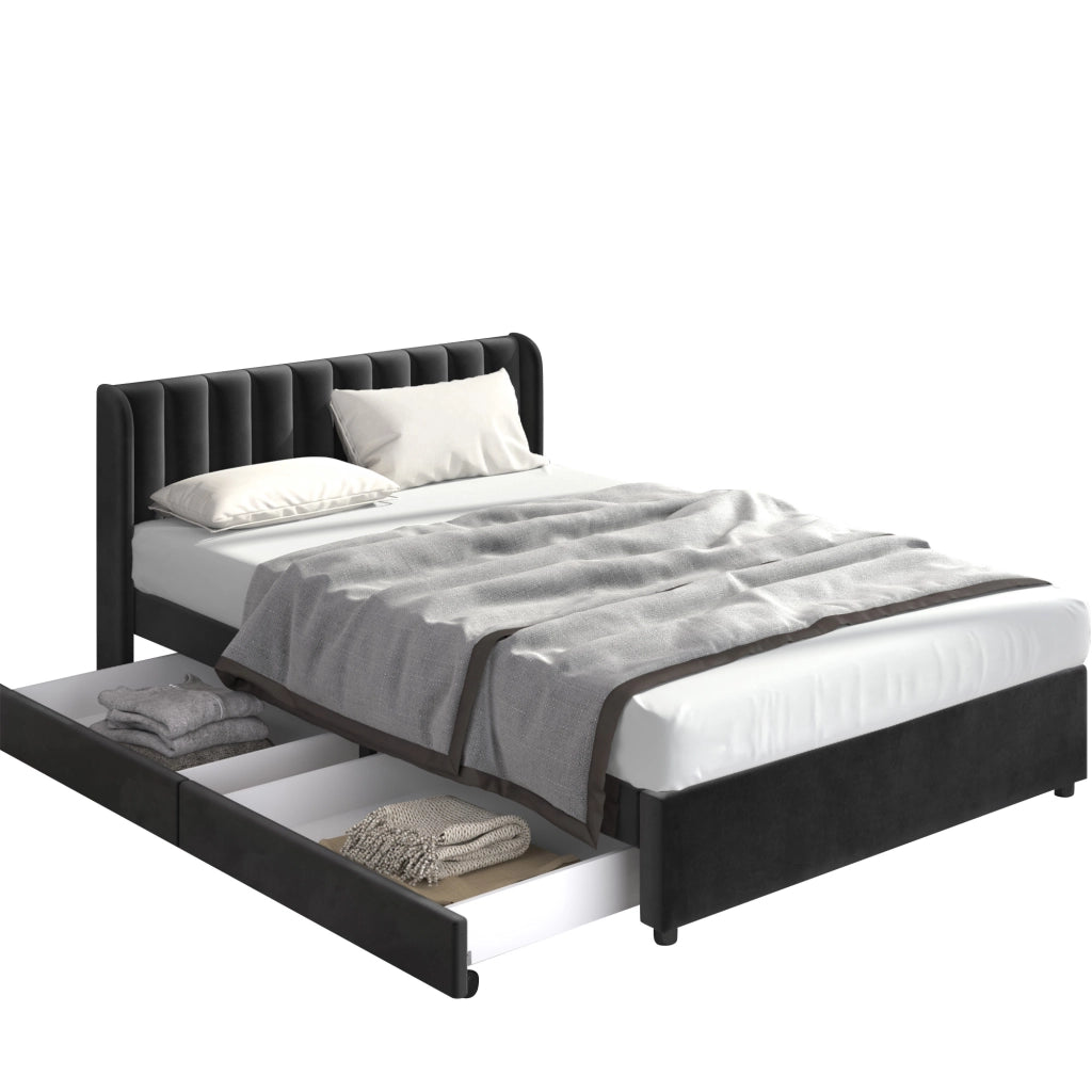 Letto con Cassetti 140x200 cm; Letto Matrimoniale - Testiera Alta e 2 Cassetti - Nero
