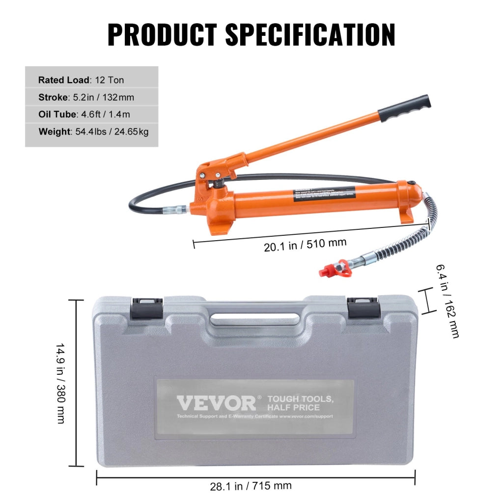 Martinetto Idraulico 12T, Pressa Idraulica Portatile per Carrozzeria, Telaio e Costruzione Auto, Corsa 132 mm, Tubo Olio 1,4 m e Custodia Resistente