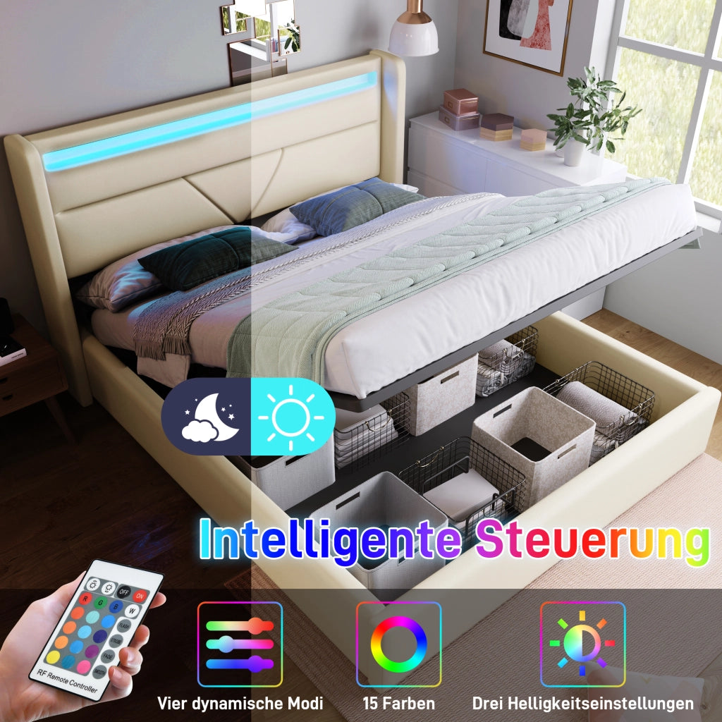 Letto contenitore 160x200 con testiera LED bianca