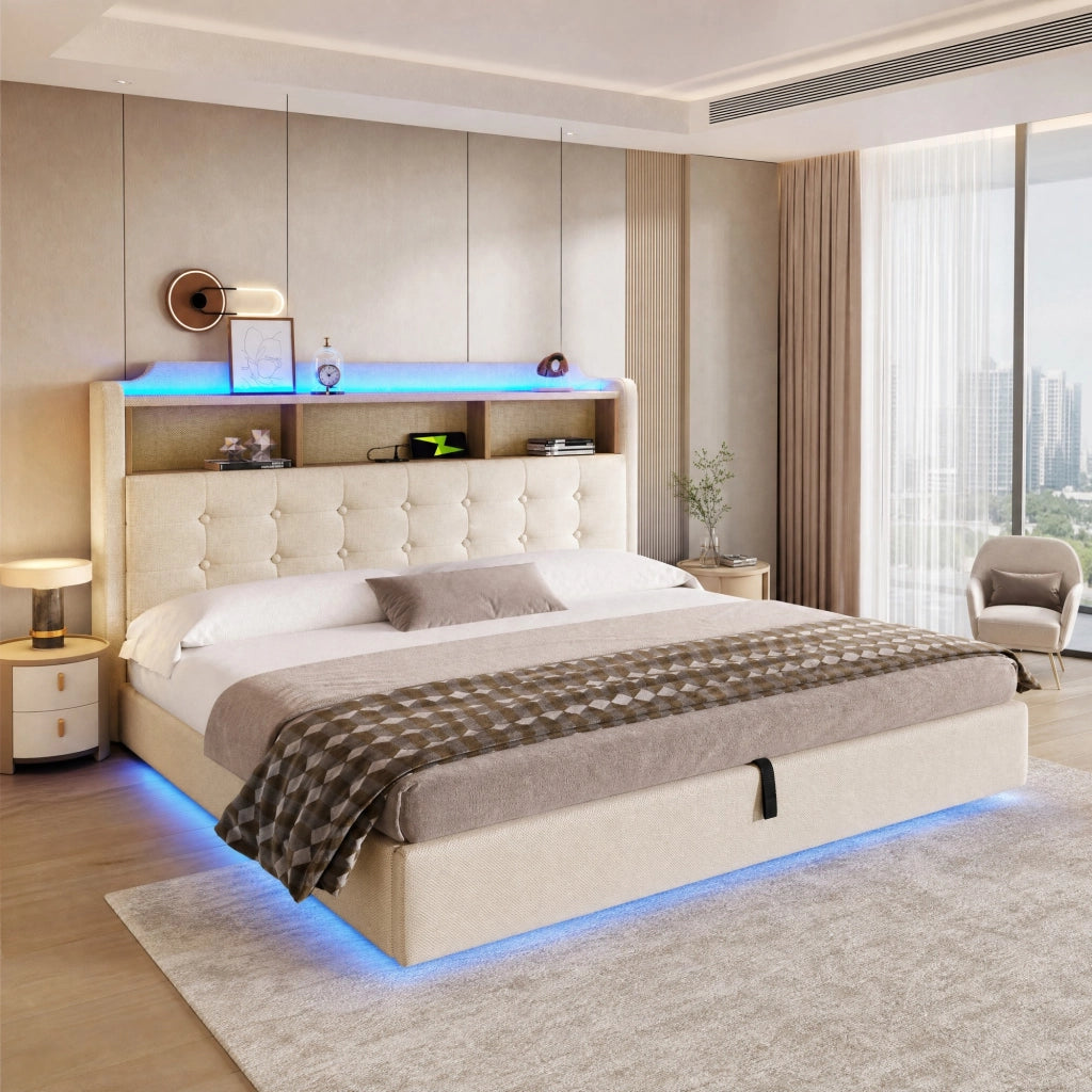 Letto contenitore matrimoniale con LED; USB; type-C e vani 180 × 200 cm; senza materasso; beige
