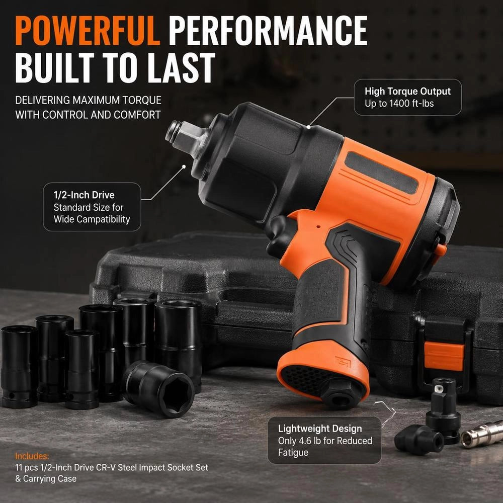 Pneumatic Impact Wrench, Max. Loosening Torque 1898 Nm, 1.27 Cm Square Drive, Max. Torque 1627 Nm, Low Vibration, Includes 10 Sockets, 8000 Rpm No-load Speed