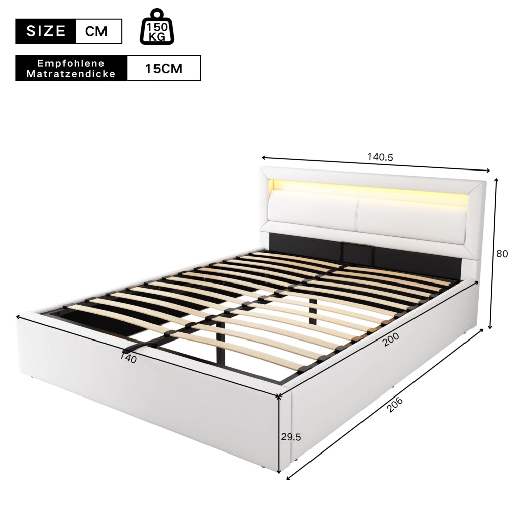 Letto imbottito con LED e contenitore 140 × 200 cm; PU bianco