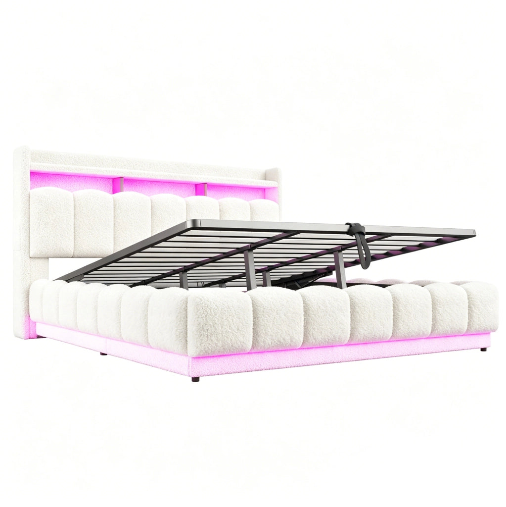 Letto imbottito 180x200 cm con contenitore idraulico, rivestimento in lana d'agnello bianco, luci LED integrate e porte USB, struttura in metallo
