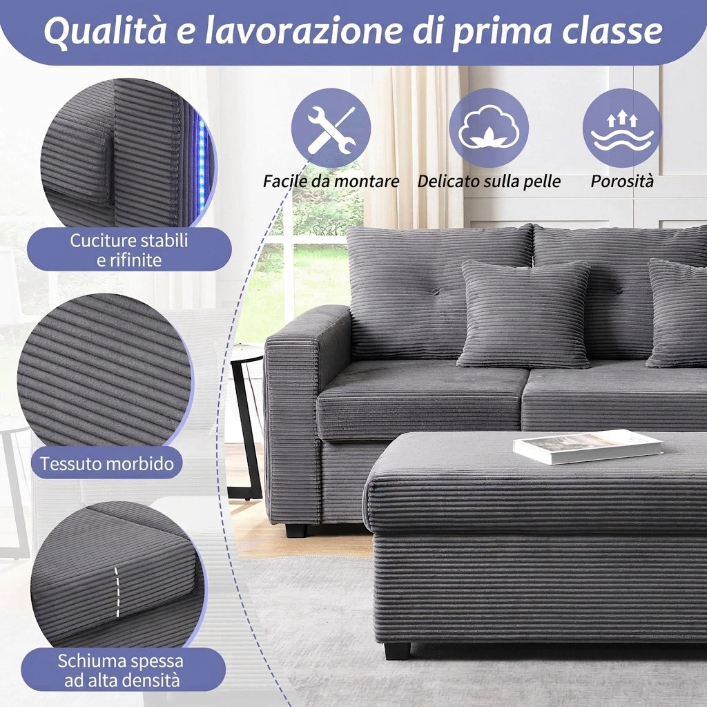 Divano 3 posti con pouf e 5 cuscini; divano angolare a L con luci LED; velluto a coste; grigio antico; 184 cm