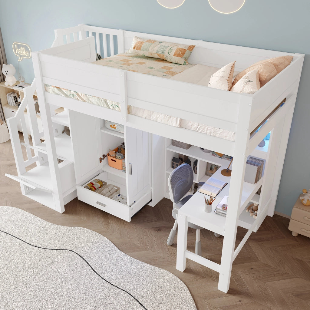 Letto a soppalco 90x200 con scrivania; armadio; scaffale e luci LED bianco