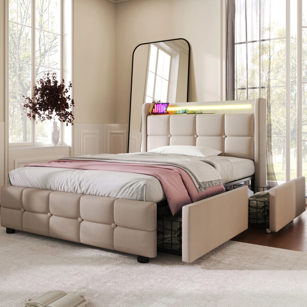 Letto singolo imbottito 90x200 cm con USB; prese; LED e 2 cassetti; beige