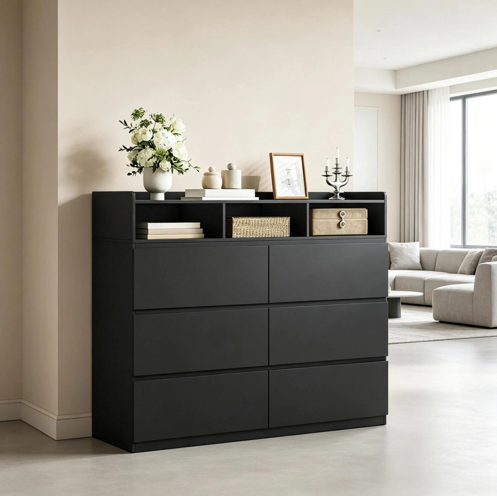 Cassettiera moderna nera con 6 cassetti e 3 vani aperti 120x40x100 cm in pannello E1